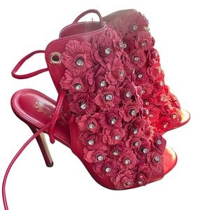 Red Floral Embellished High Heel Sandals with Ankle Tie